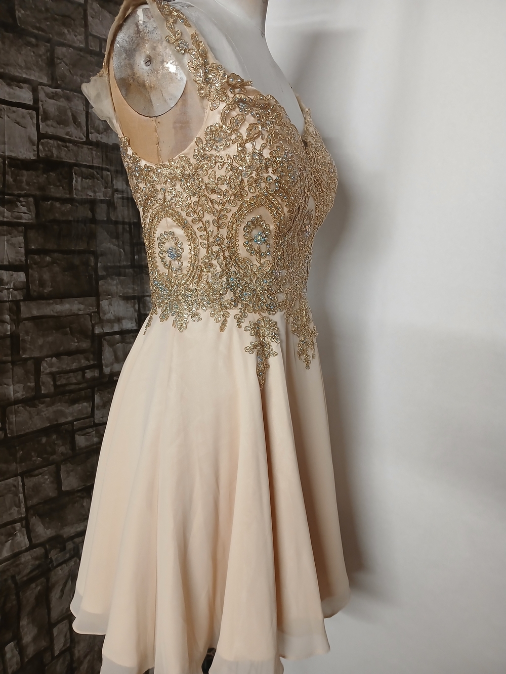 Embellished Cream Party Mini Dress with Gold Appliqué
